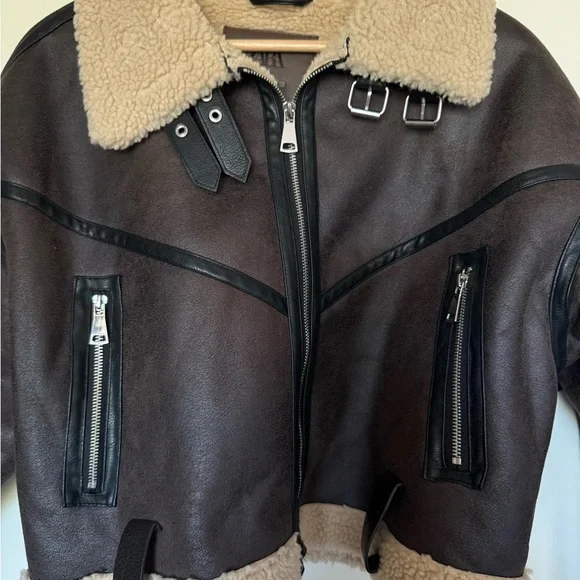 Zara Cropped Shearling-Lined Aviator Jacket - Dark Brown & Cream - Picture 3 of 5